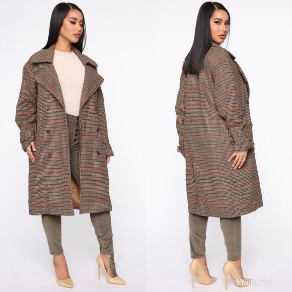 Fashion Nova Warm Up To Me Trench Coat - Taupe/Burgundy - Picture 2 of 10